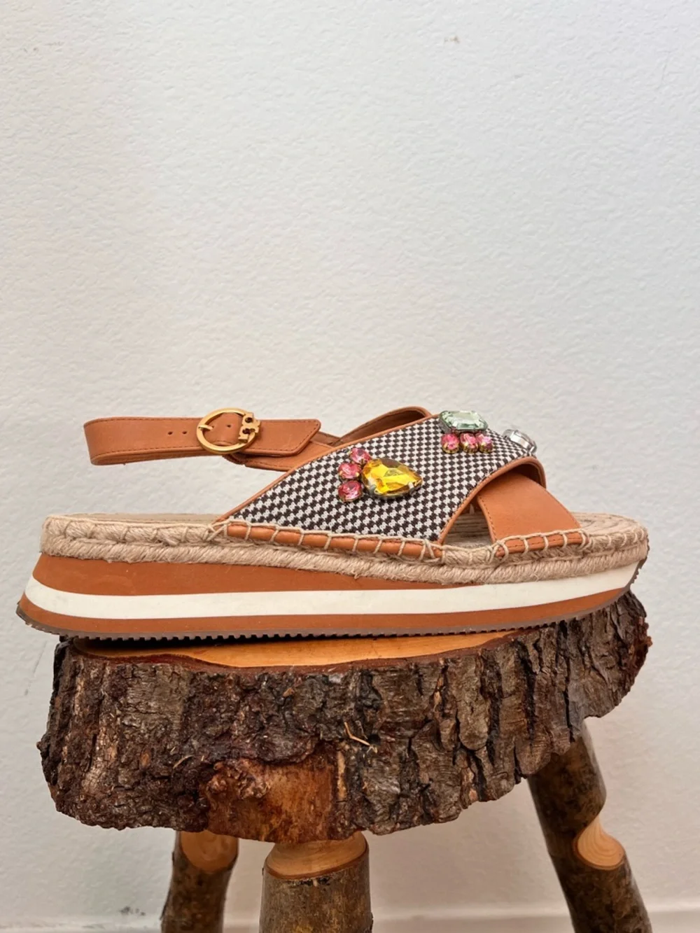 Tory Burch Brown Daisy Crystal Sandals 9.5 M in Desert Camel Open Toe Espadrille - Picture 3 of 9